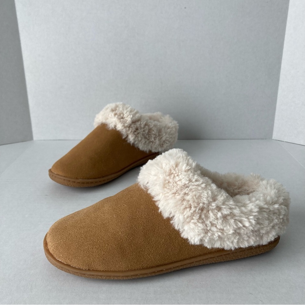 Minnetonka Womens Suede Faux Fur Lined Mule Slippers Tan 408781 Size 7M